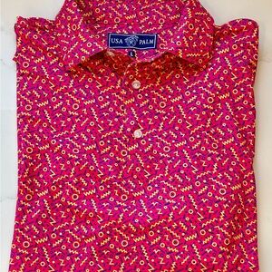 USA Palm Men's Long Sleeve Performance Silky Soft Polo Vibrant Pink Geometric L